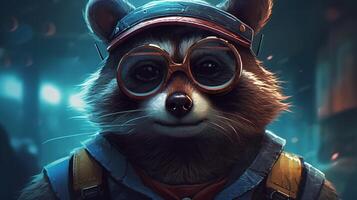 engineer raccoon, digital art illustration, photo