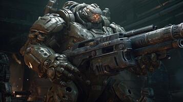 heavy gunner alien soldier, digital art illustration, photo