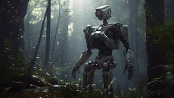 modern robot in the woods, digital art illustration, photo