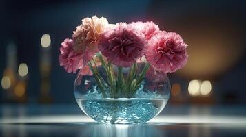 vibrant carnations in a clear vase, digital art illustration, photo