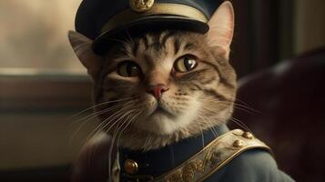 portrait regal cat in vintage military suit, digital art illustration, photo