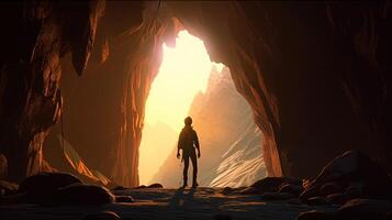 adventurer hiker stand in mountain cave, digital art illustration, photo