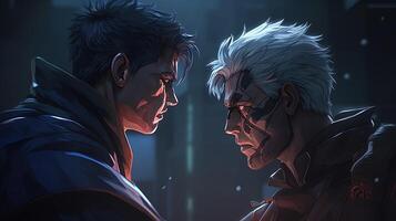 hero and villain face off, digital art illustration, photo