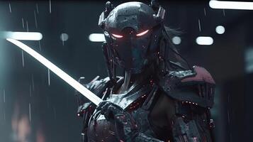 cyborg samurai girl, digital art illustration, photo