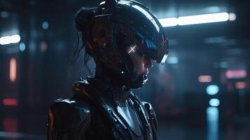young girl in futuristic black armor, digital art illustration, photo