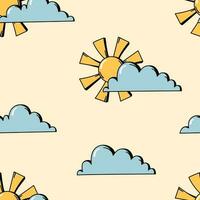 Dom y nubes verano vacaciones sin costura modelo en 60s 70s retro estilo. soleado fondo, textil impresión diseño en calentar color paleta. vector