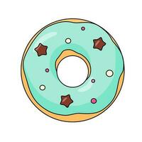 Green donut cartoon flat vector illustration with mint color glaze and stars isolated on white background.