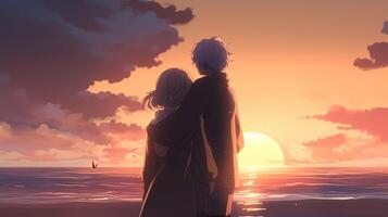 couple in love on sunset beach, digital art illustration, photo