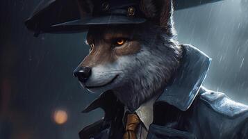 detective wolf, digital art illustration, photo