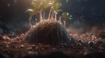 soil with seedling sprouts, digital art illustration, photo