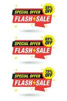 Special offer flash sale origami labels set. Sale 55, 65, 75 off discount vector