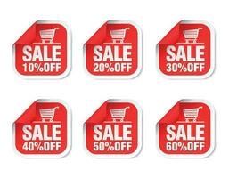 Red sale stickers set with shop cart. Sale 10, 20, 30, 40, 50, 60 off discount vector