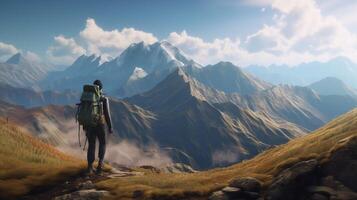 tourist with backpack is seen trekking in mountain, digital art illustration, photo