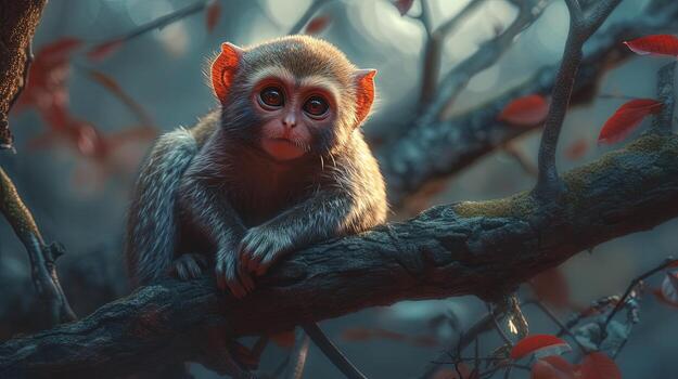 mischievous red eyes monkey, digital art illustration, photo