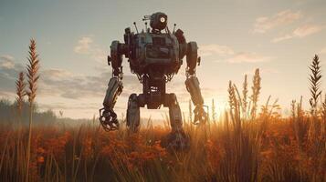 rusty ancient robot in the field, digital art illustration, photo