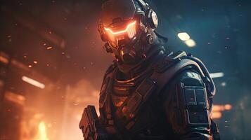 science fiction soldier in a futuristic battlefield, digital art illustration, photo