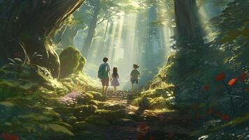 family in nature forest, digital art illustration, photo