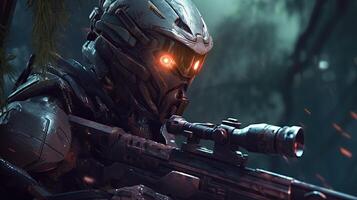 stealthy alien sniper soldier, digital art illustration, photo