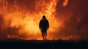 lone soldier against fiery explosion, digital art illustration, photo