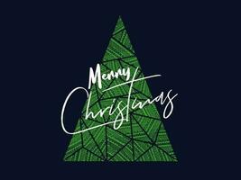 Calligraphy text Merry Christmas with creative Xmas tree made by flower triangle shape pattern on blue background. Can be used as greeting card design. vector