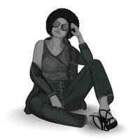 Fashionable young girl character in sitting stylish pose. vector