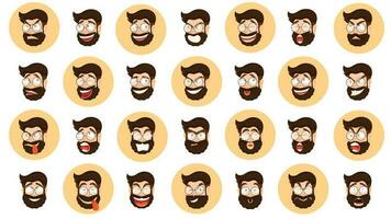Different expression set with bearded man cartoon character on white background. vector