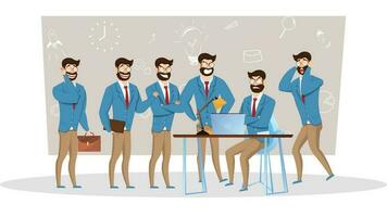 Cartoon character of businessman in different working pose. vector