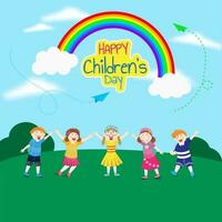 Group of cute boy and girl character in different activity and rainbow on sky background for Happy Children's Day celebration. vector