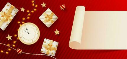 Blank scroll paper given for your message with top view of clock, gift boxes and lighting garland decorated on red striped background. Header or banner design. vector