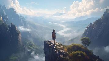 hiker standing on top a mountain, digital art illustration, photo