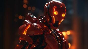 modern robot with fiery red and orange, digital art illustration, photo