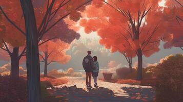 couple embraces in fall park, digital art illustration, photo