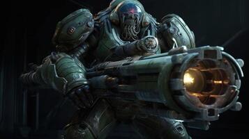 heavy gunner alien soldier, digital art illustration, photo