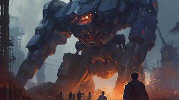 person face off giant robot, digital art illustration, photo