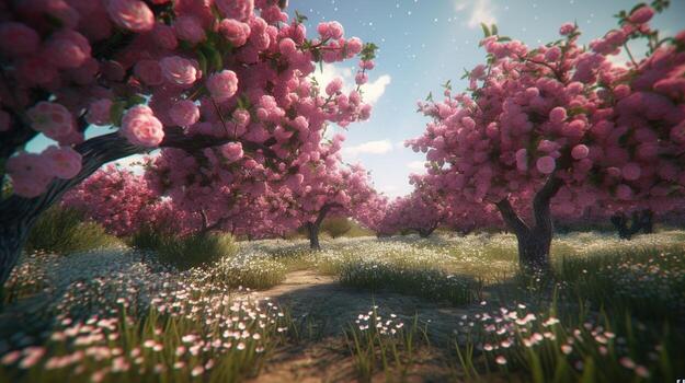 blossoming fruit trees, digital art illustration, photo