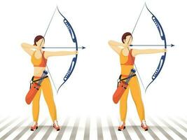 Faceless character of man and woman taking aim from bow arrow with quiver in standing pose. vector