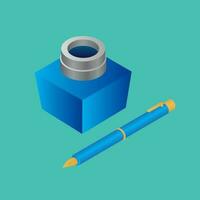 Realistic Ink Bottle with Pen in blue color. vector