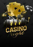 Golden text of Casino Night with slot machine, aces card and poker chips on black square pattern background. Can be used as template or flyer design. vector