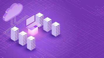 3D illustration of cloud server connected with database and laptop between glowing rays on purple digital circuit background. vector