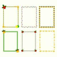 Different style rectangle frame made by stars with jingle bell, lighting garland and floral pattern, vector