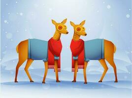 Pair of Deer character wearing clothes with paper cut xmas tree on blue snowy background. vector