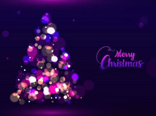 Calligraphy of Merry Christmas and creative Xmas tree made by bokeh effect on purple background can be used as greeting card design.