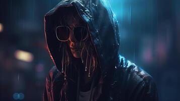 mysterious figure wearing hood and cyber glasses, digital art illustration, photo