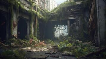 abandoned building with growing plants, digital art illustration, photo