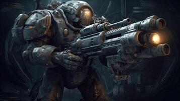 heavy gunner alien soldier, digital art illustration, photo