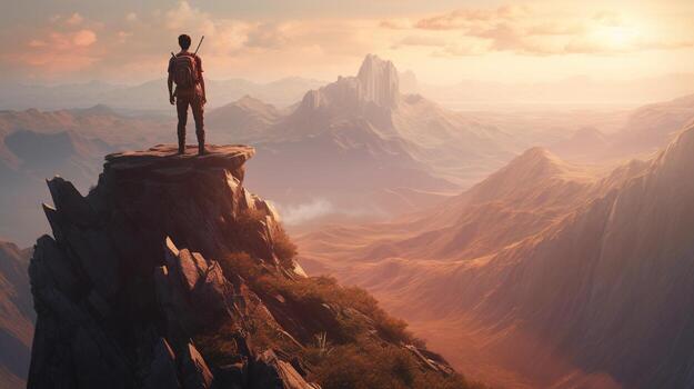 hiker standing on top a mountain, digital art illustration, photo
