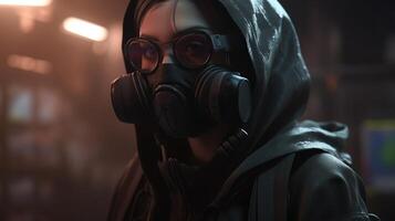 cyberpunk girl wearing gas mask and hoodie, digital art illustration, photo