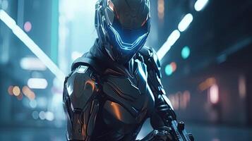 character in futuristic suit aiming, digital art illustration, photo
