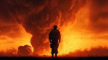 lone soldier against fiery explosion, digital art illustration, photo