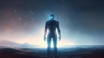 glowing futuristic man in field, digital art illustration, photo